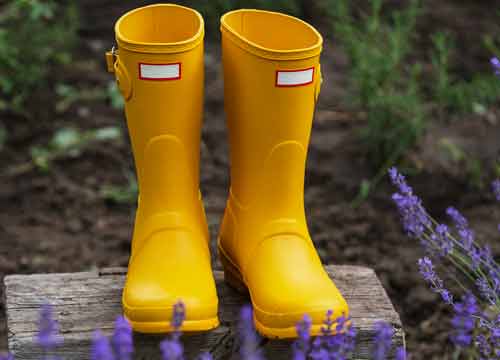 About Garden Centres. Bright yellow wellington boots on a wooden bench in a garden, symbolising EPOS Cubed’s practical, grounded support for independent retailers.