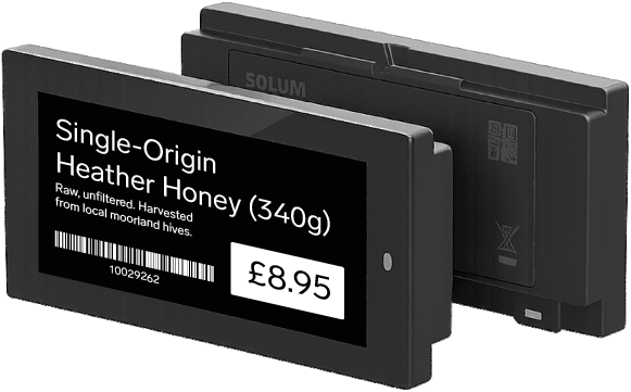 Electronic shelf edge label displaying honey product name and price