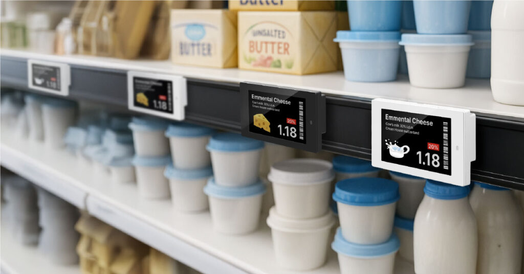 electronic shelf edge labels displaying prices on retail shelves synced with epos system