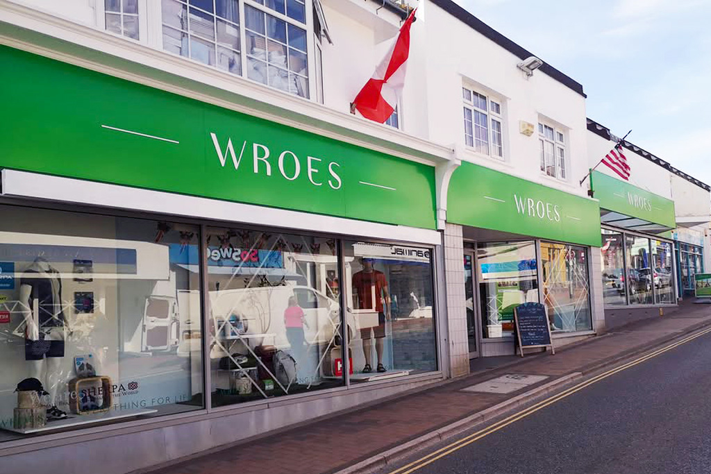 Wroes department store shopfront on the high street in Bude, Cornwall.