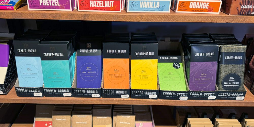 Shelves of artisan chocolate bars at Indie Füde specialist food shop in Belfast.