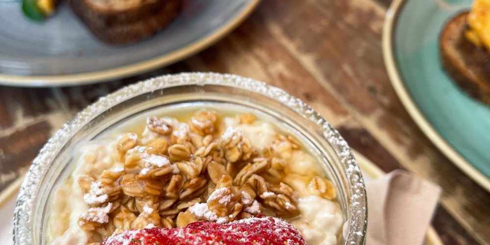 Breakfast yoghurt with granola and strawberries served at Café 360 on the Isle of Man