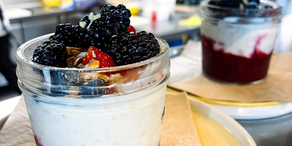 Yogurt and berry parfait with blackberries served at Café 360 on the Isle of Man