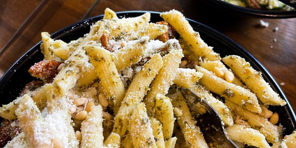 Pesto penne pasta with parmesan and pine nuts served at Café 360 on the Isle of Man