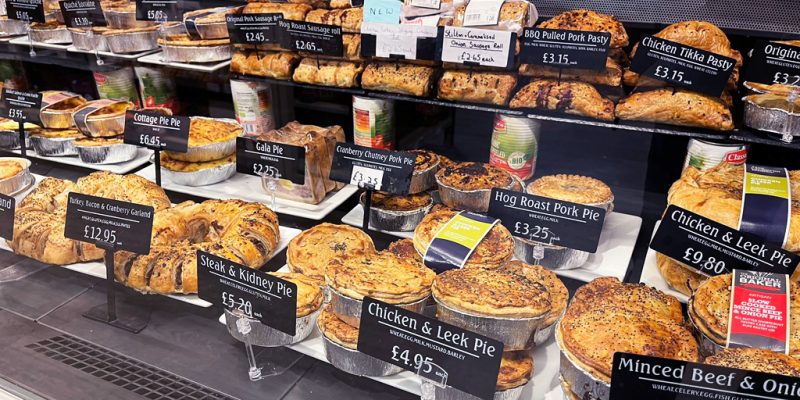 Selection of freshly baked savoury pies at Calcott Hall Farm Shop.