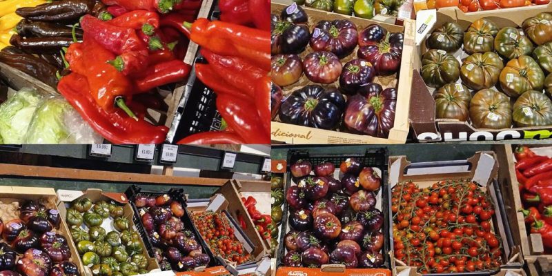 Colourful display of heirloom tomatoes and peppers at Calcott Hall Farm Shop.