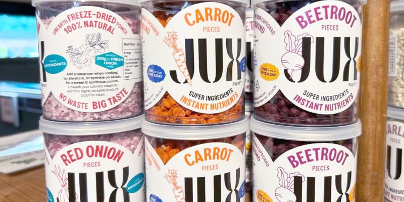 JUX freeze-dried carrot, beetroot and red onion pieces on display at Calcott Hall Farm Shop.