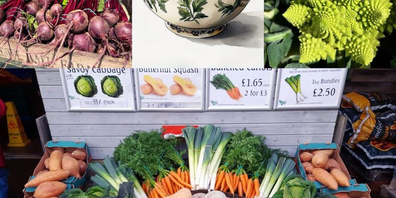 Seasonal vegetables on display at Calcott Hall Farm Shop, including squash, carrots, leeks and Romanesco cauliflower.