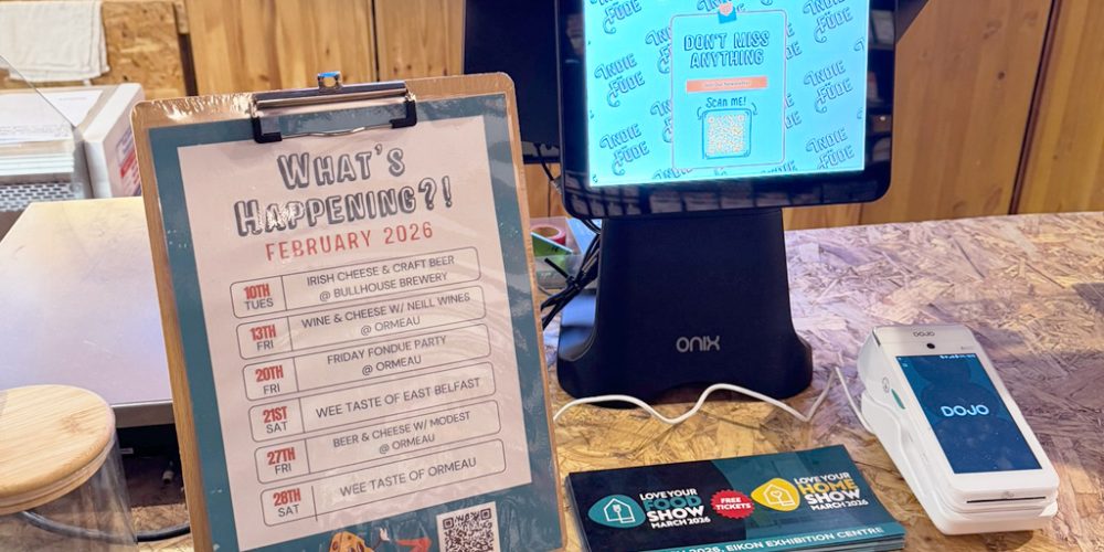 Storefront EPOS system and Dojo card payment terminal at Indie Füde artisan deli in Belfast.