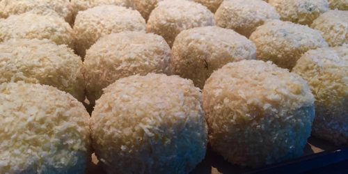 Freshly prepared homemade fishcakes ready for cooking at The Fishermen’s Chippy in Mevagissey