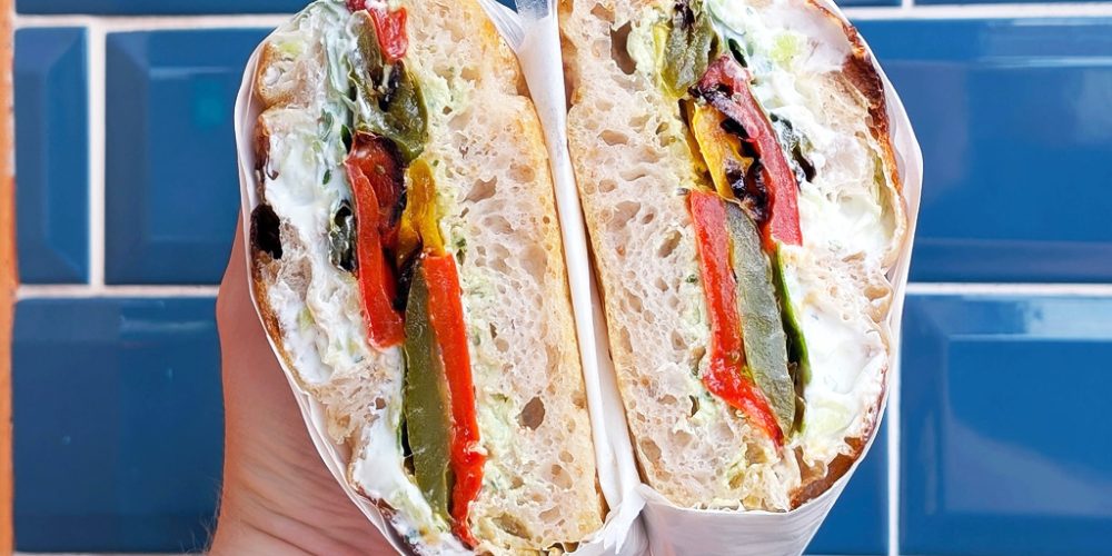 Fresh artisan deli sandwich prepared at Indie Füde independent food shop in Belfast.