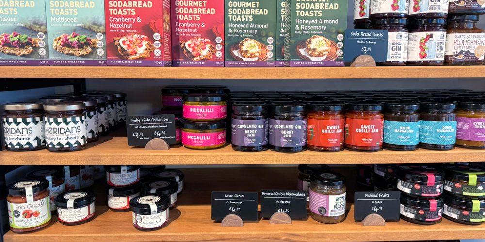Shelves of artisan food products at Indie Füde independent food shop in Belfast.
