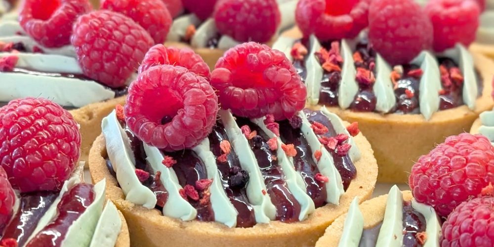 Artisan raspberry desserts prepared at Indie Füde independent food shop in Belfast.