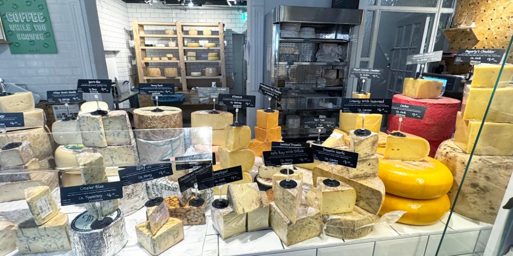 Large display of artisan Irish cheeses at the Indie Füde cheesemonger counter in Belfast.