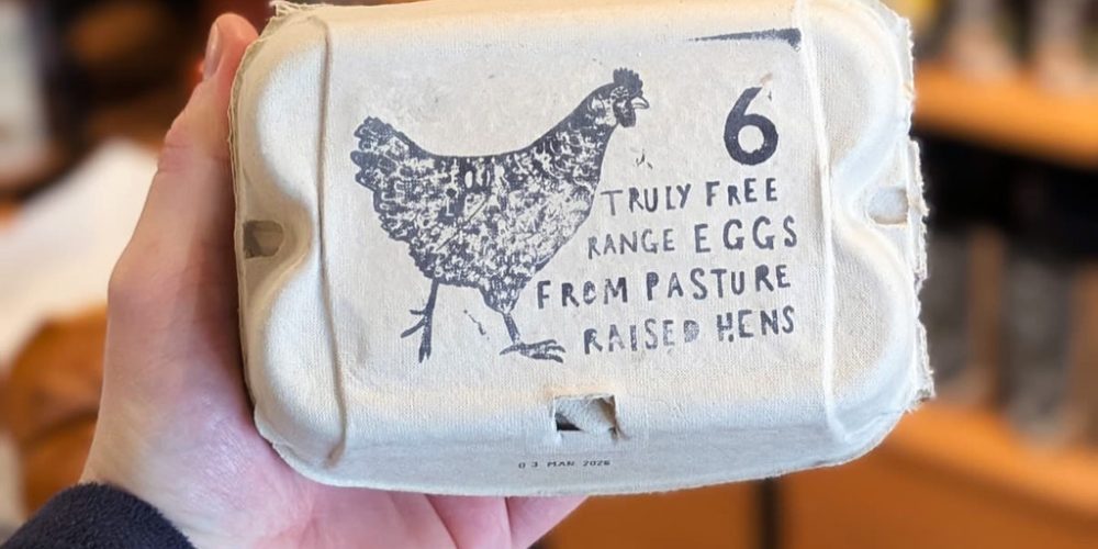 Carton of free-range eggs from pasture-raised hens at Indie Füde artisan food shop in Belfast.