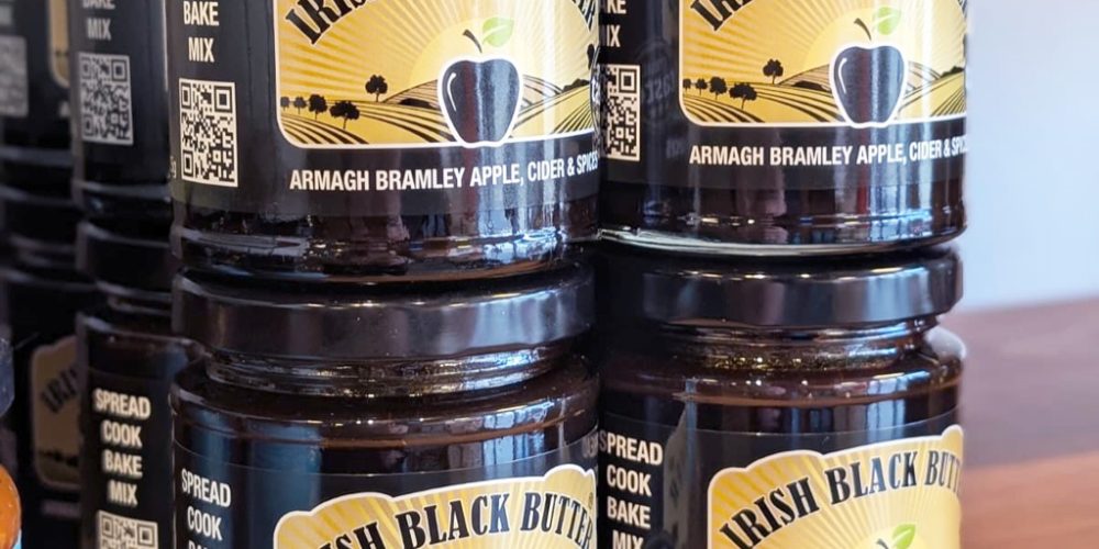 Jars of Irish Black Butter made with Armagh Bramley apples at Indie Füde food shop in Belfast.