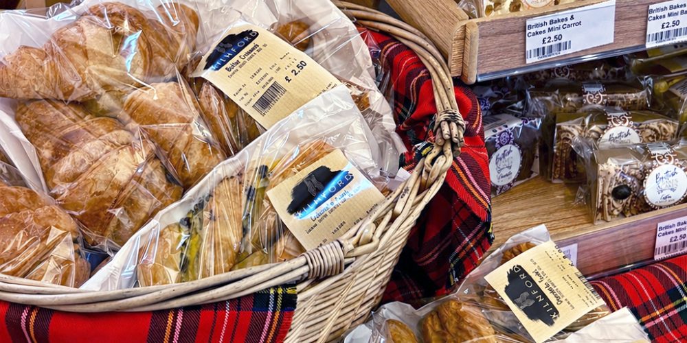 Packaged bakery products displayed for sale at Kilnford Farm Shop