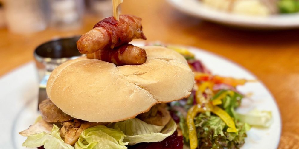 Freshly prepared burger served in the Kilnford Farm Shop café