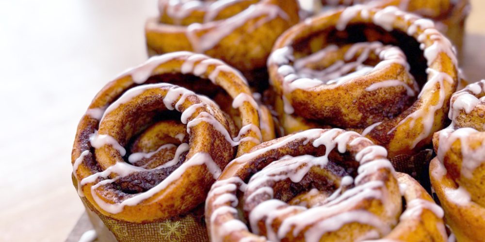 Fresh cinnamon buns on display in the bakery at Kilnford Farm Shop