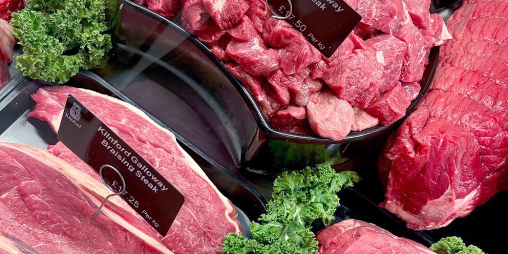 Diced steak and braising cuts in butcher display at Kilnford Farm Shop