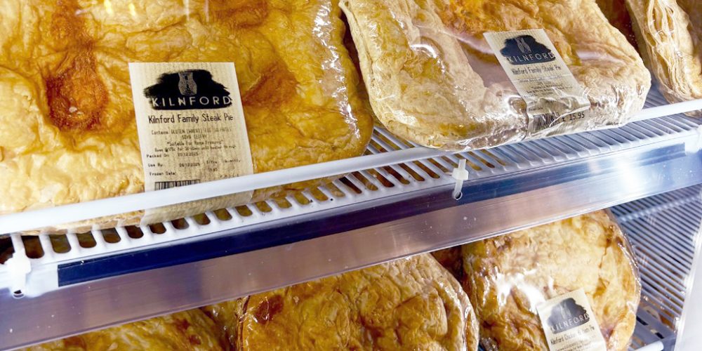 Freshly baked family pies in refrigerated display at Kilnford Farm Shop