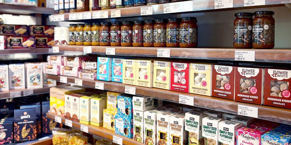 Free from food products displayed on retail shelves at Kilnford Farm Shop