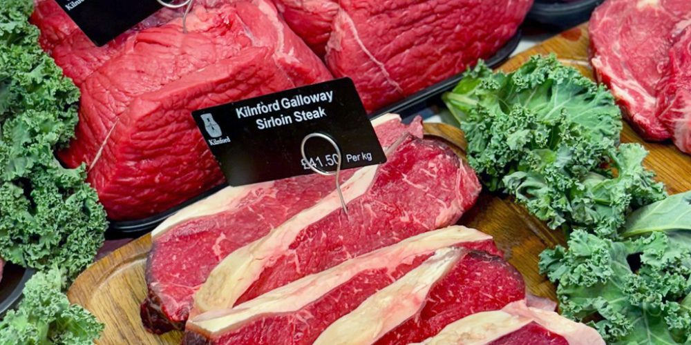 Galloway beef cuts displayed in the butcher counter at Kilnford Farm Shop