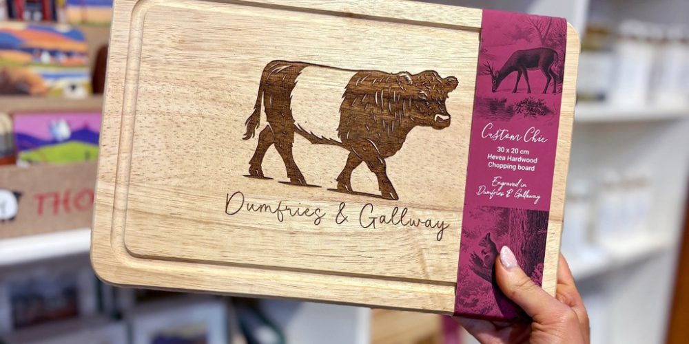 Wooden chopping board giftware displayed in Kilnford Farm Shop