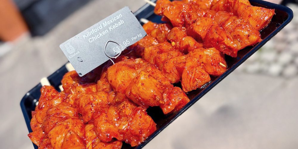 Prepared Mexican chicken kebabs available at Kilnford Farm Shop butcher counter