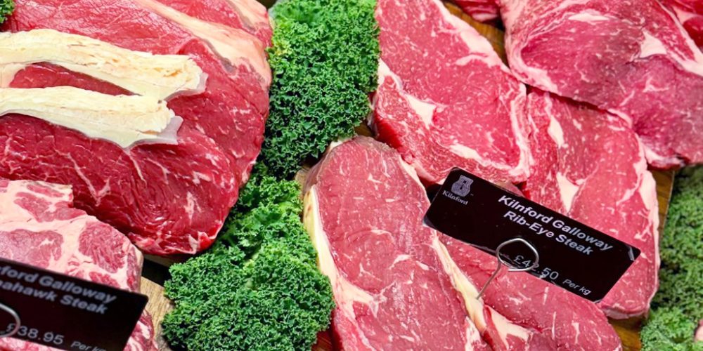 Rib-eye steak and premium beef cuts in Kilnford Farm Shop butcher display