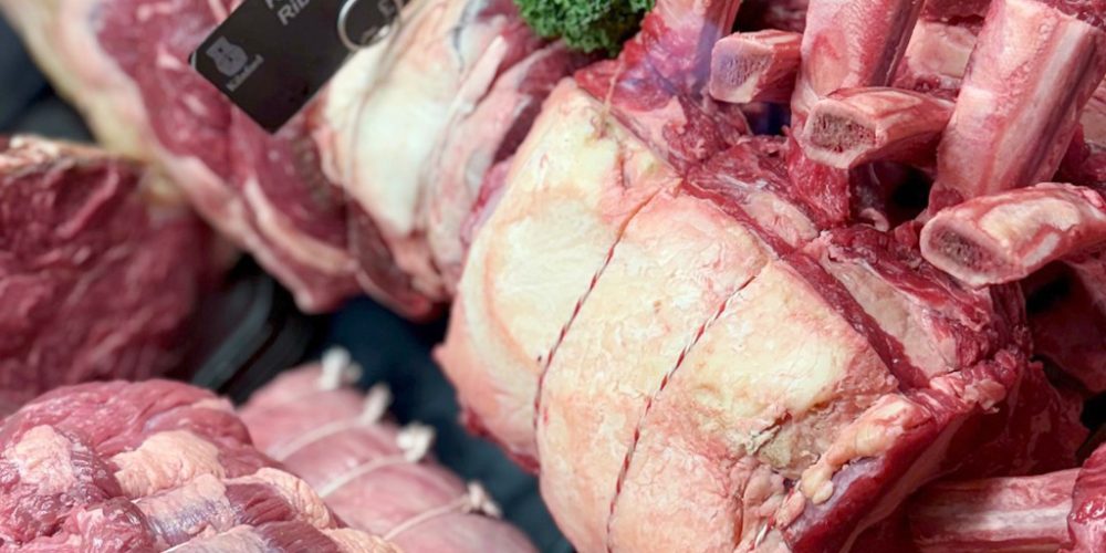 Rib roast beef joints displayed in the butcher counter at Kilnford Farm Shop