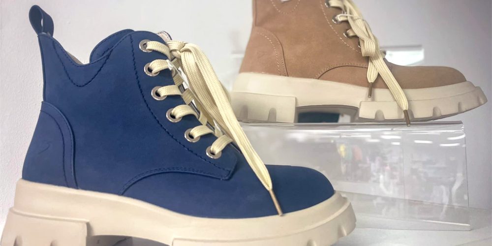 chunky sole lace-up boots in blue and beige