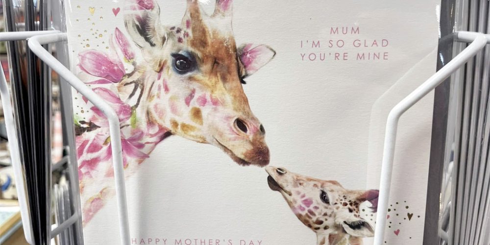 giraffe mothers day greeting card with floral illustration