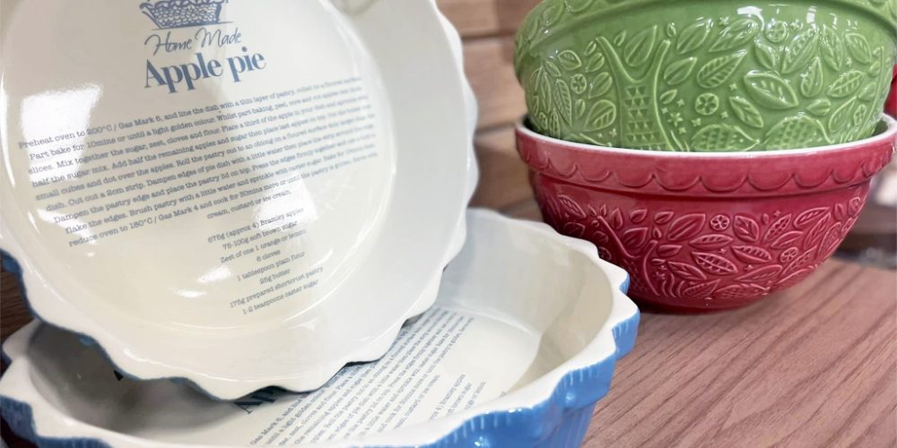 Ceramic apple pie dish and decorative mixing bowls for sale at Wroes department store in Cornwall.
