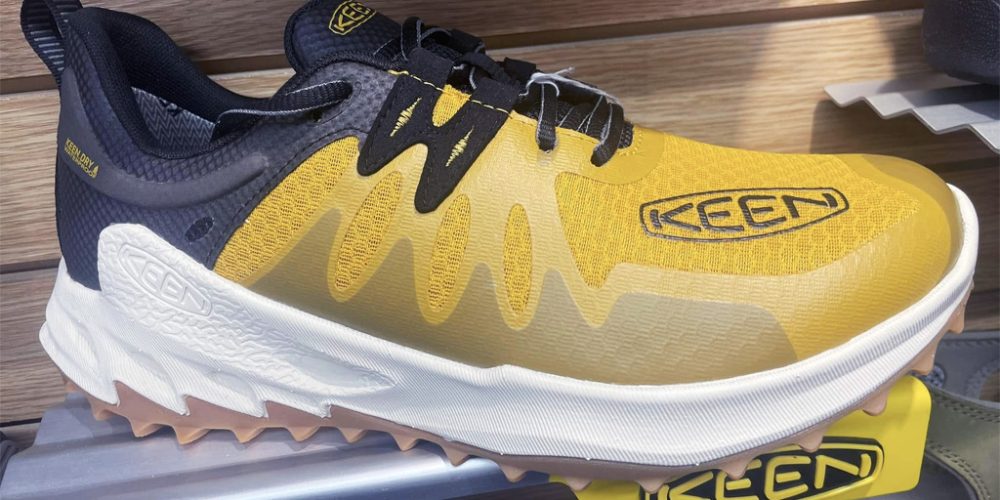 keen yellow trail running shoe with black detailing