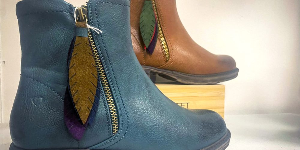 leather ankle boots in blue and brown with zip detail